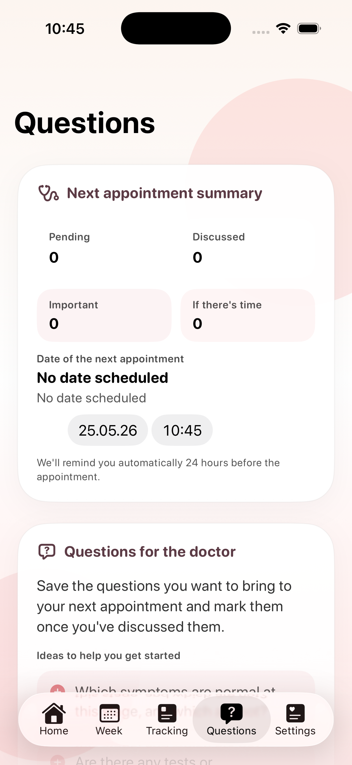 MamaFlow doctor questions screen with suggestions