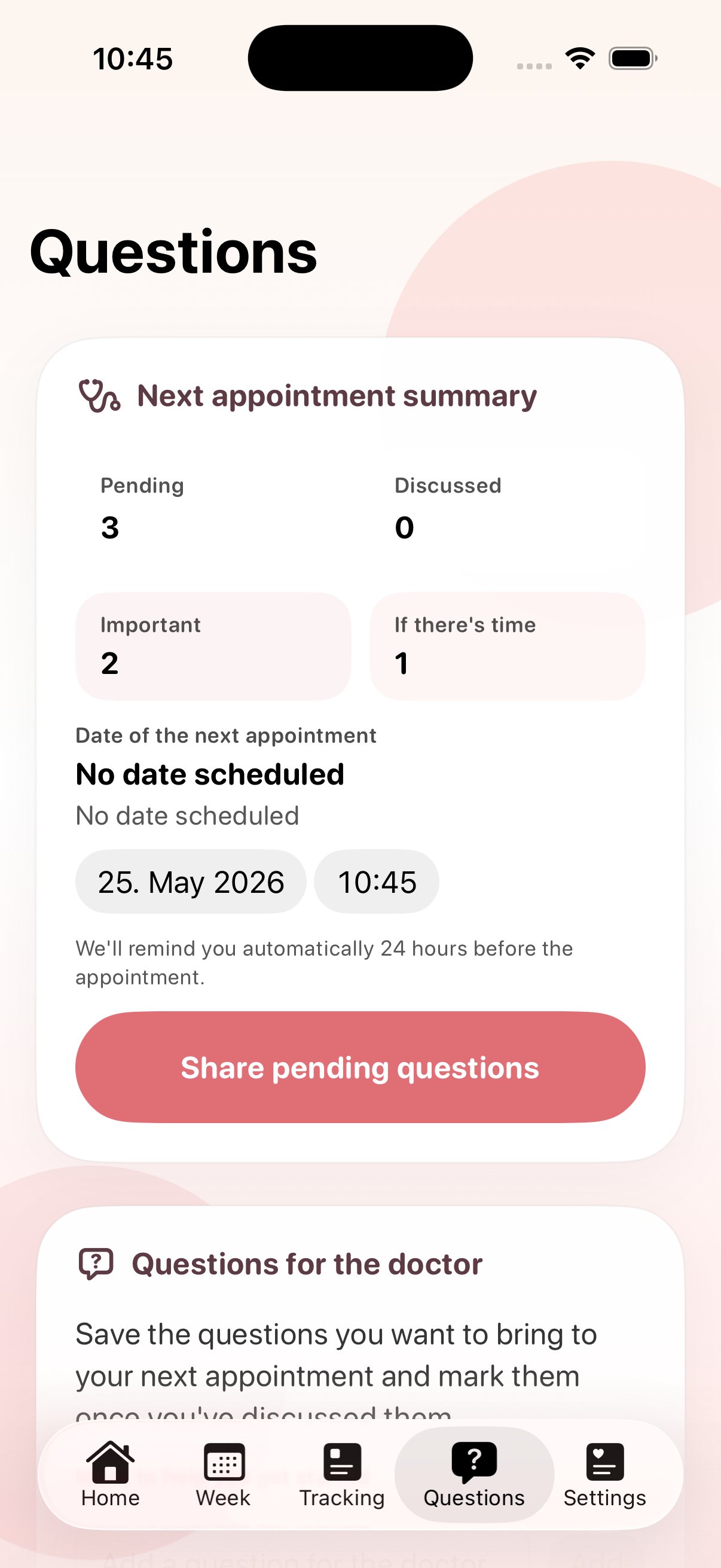 MamaFlow doctor questions list with pending items