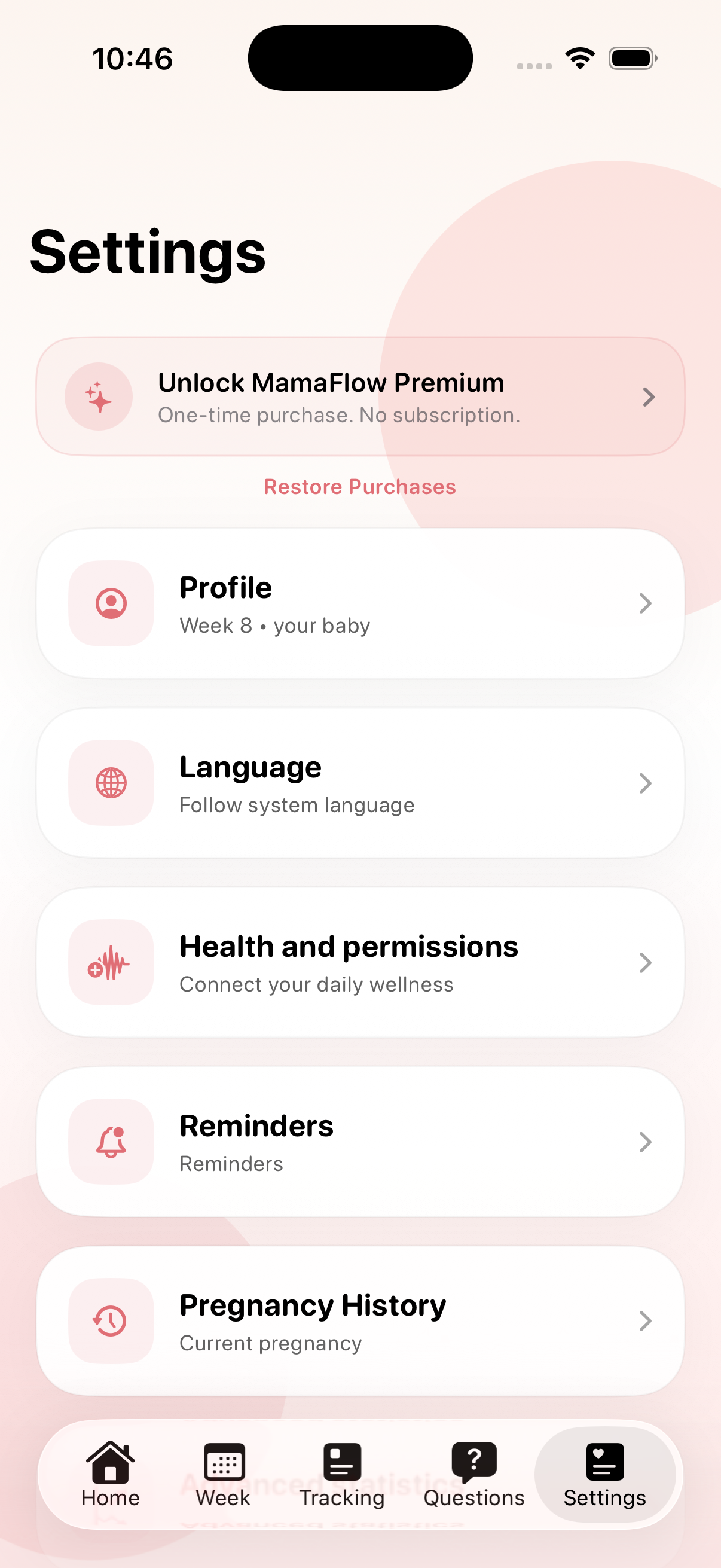 MamaFlow premium settings screen