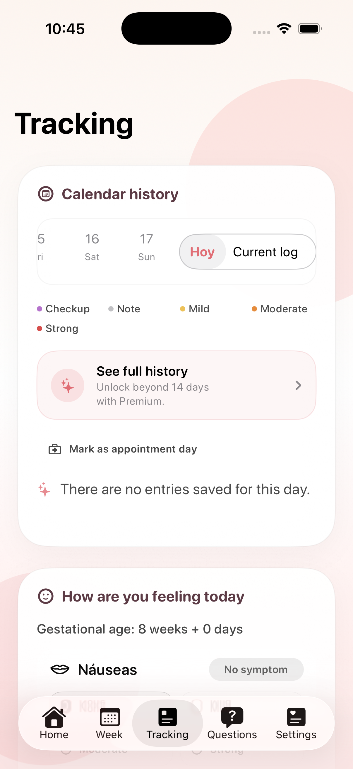 MamaFlow symptom tracking calendar