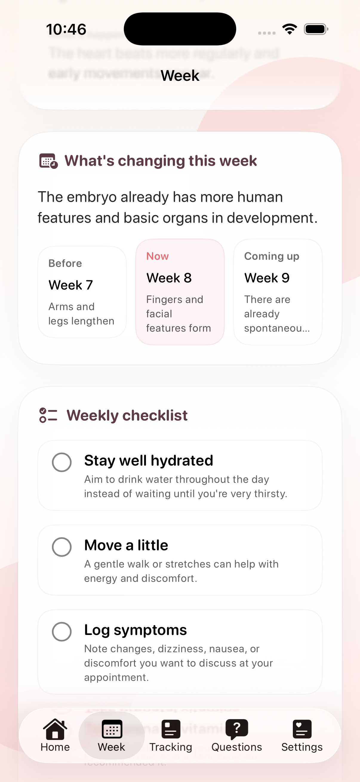 MamaFlow weekly checklist for current pregnancy week