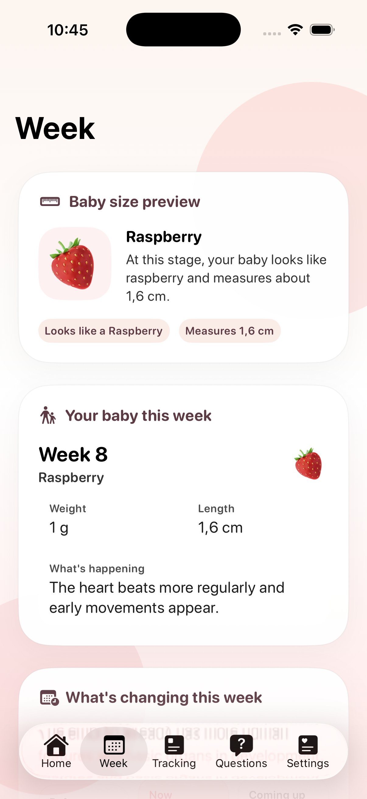 MamaFlow week detail showing length and weight estimates